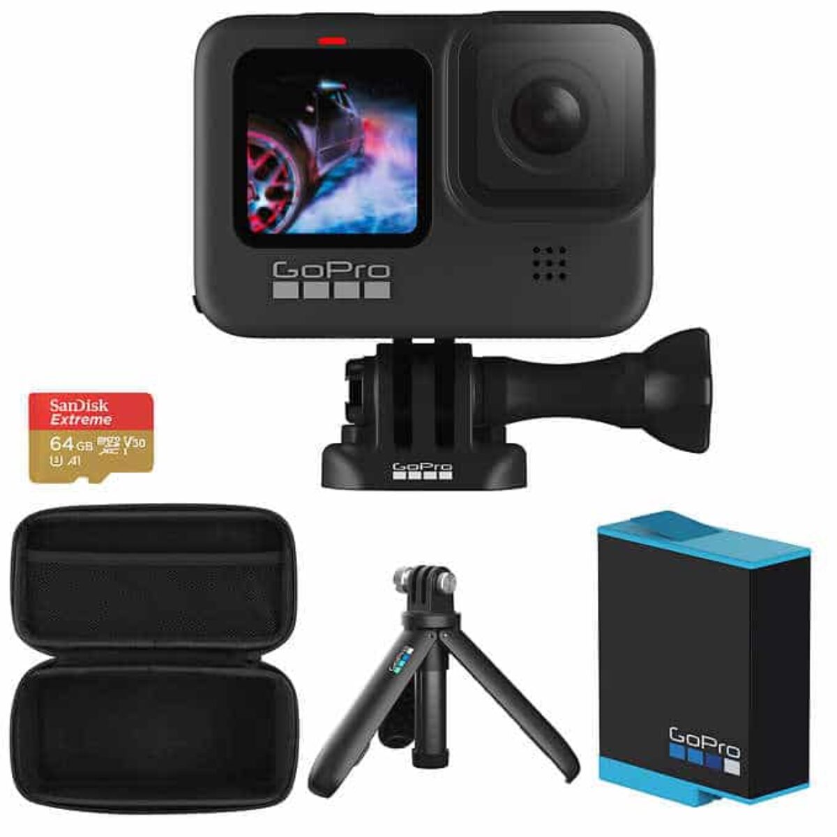  GoPro HERO9 Black - Waterproof Action Camera with Front LCD  and Touch Rear Screens, 5K HD Video, 20MP Photos, 1080p Live Streaming,  Stabilization + Sandisk 64GB Card and Extra Battery : Electronics
